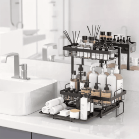 Organizer 2 Tier Slide Out Under Sink Shelf Cabinet Storage Shelf Under Sink Storage For Kitchen Bathroom Metal L-Shape