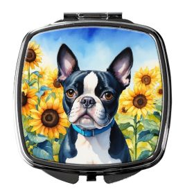 Boston Terrier in Sunflowers Compact Mirror Decorative Travel Makeup Mirror for Women Girls Gifts Pocket Makeup Mirror Folding Handheld