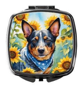 Australian Cattle Dog in Sunflowers Compact Mirror Decorative Travel Makeup Mirror for Women Girls Gifts Pocket Makeup Mirror Folding Handheld