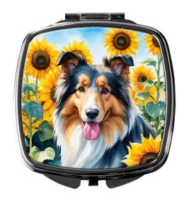 Collie in Sunflowers Compact Mirror Decorative Travel Makeup Mirror for Women Girls Gifts Pocket Makeup Mirror Folding Handheld