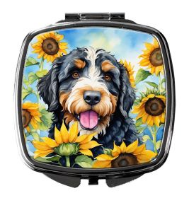 Bernedoodle in Sunflowers Compact Mirror Decorative Travel Makeup Mirror for Women Girls Gifts Pocket Makeup Mirror Folding Handheld